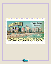 greetings from homecoming design featuring sigma pi and tri sigma with a retro postcard beach scene and pastel city skyline