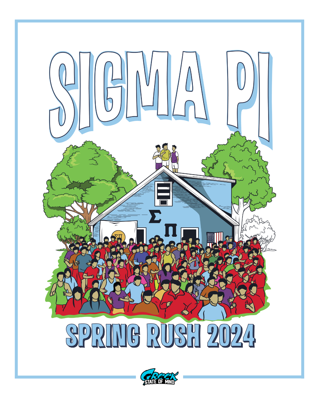 Promotional graphic for Sigma Pi Spring Rush 2024 with a house and people illustration.