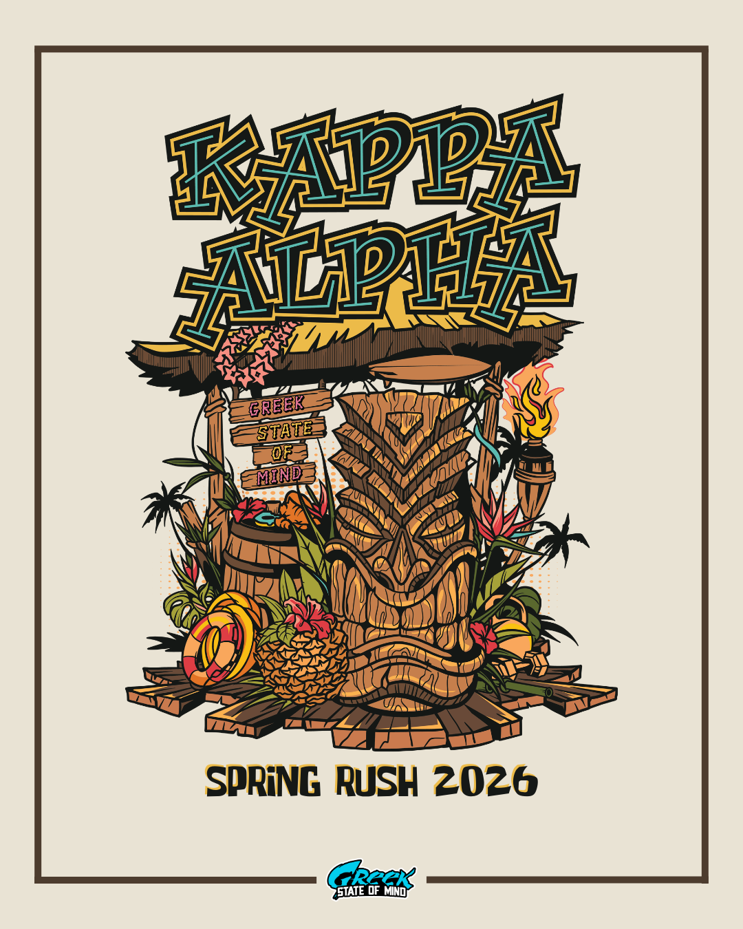 kappa alpha tropical tiki rush design featuring a detailed tiki totem with palm trees torches flowers and tropical decorations