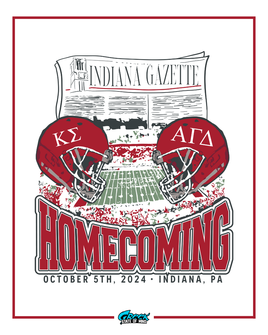 Homecoming poster with football helmets, newspaper, and event details.