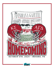 Homecoming poster with football helmets, newspaper, and event details.