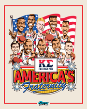 cartoon basketball dream team wearing kappa sigma jerseys posing in front of a waving american flag with “america’s fraternity” text and fall rush 2024 badge.