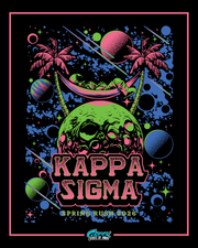 neon astronaut relaxing in a hammock between palm trees growing from a green moon surrounded by colorful planets and bold kappa sigma text.