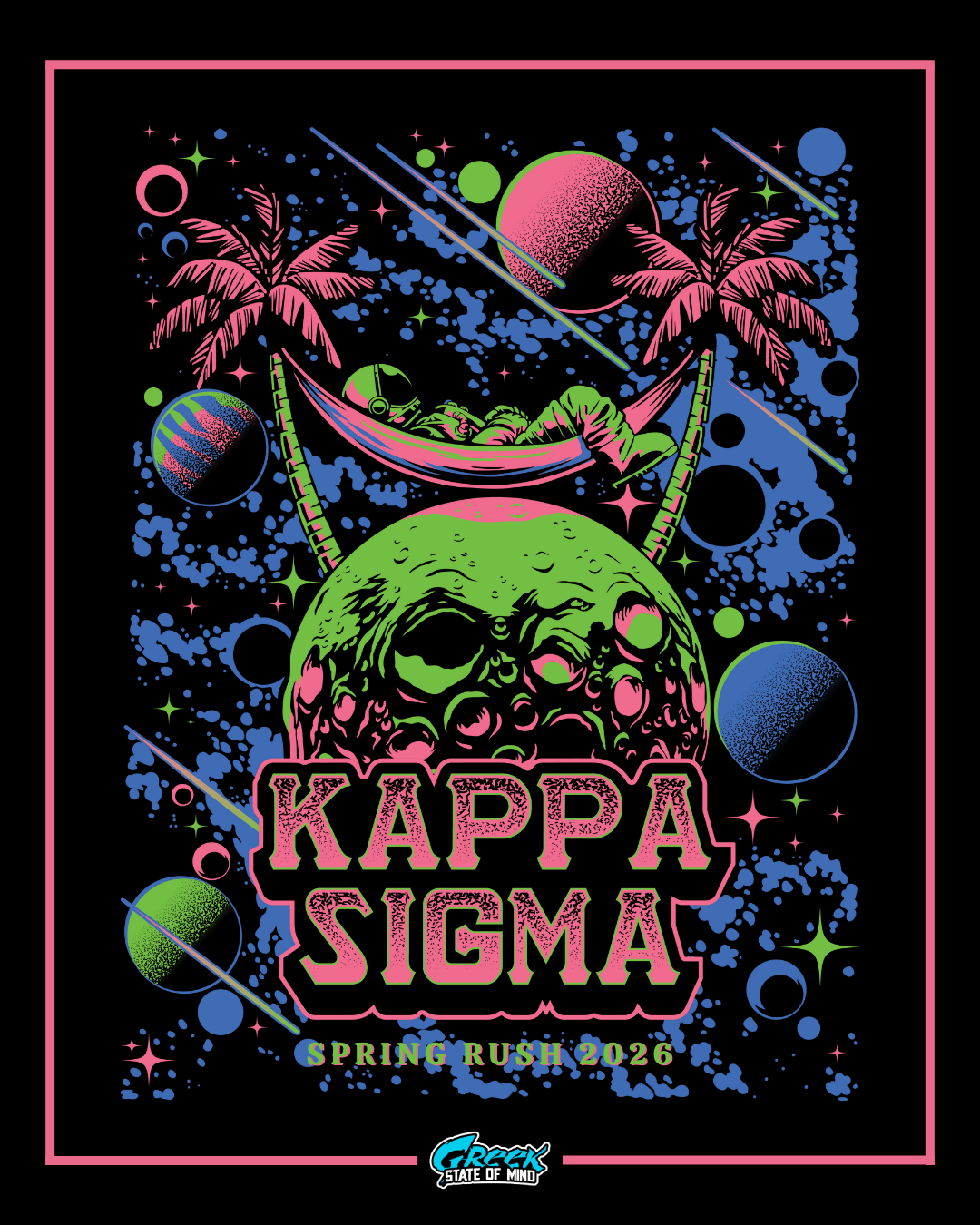neon astronaut relaxing in a hammock between palm trees growing from a green moon surrounded by colorful planets and bold kappa sigma text.