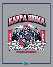 kappa sigma championship ring sitting in snow with tall pine trees and mountain peak behind and spring rush 2026 text.