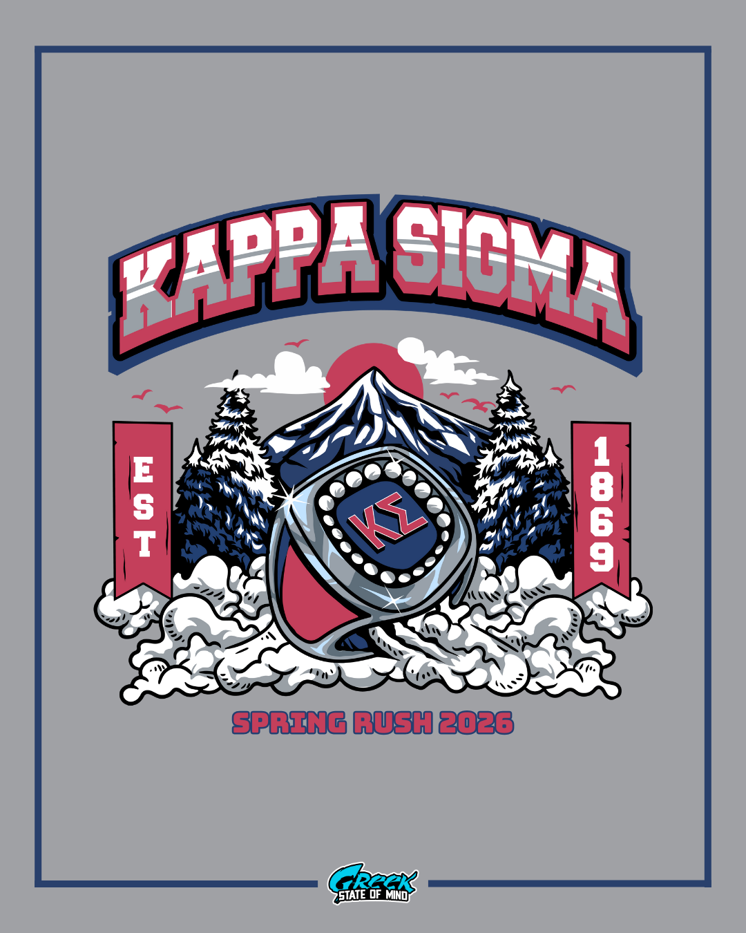 kappa sigma championship ring sitting in snow with tall pine trees and mountain peak behind and spring rush 2026 text.