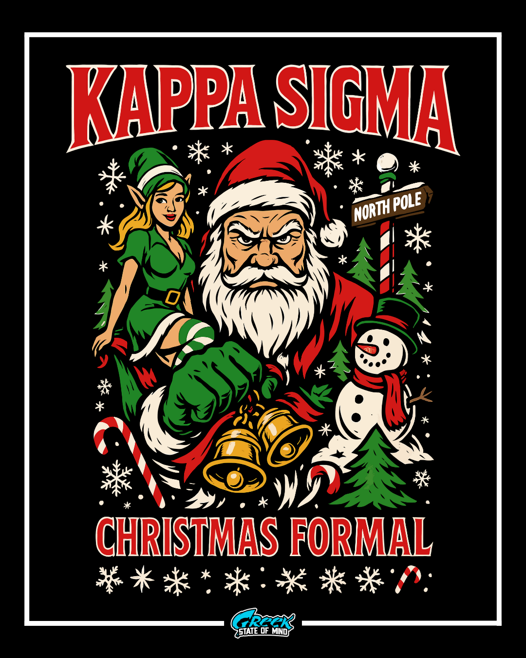kappa sigma christmas formal design featuring santa an elf snowman bells candy canes and snowflakes in a bold illustrated holiday scene