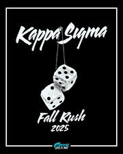 Promotional graphic for Kappa Sigma Fall Rush 2025 with dice and text on a black background.