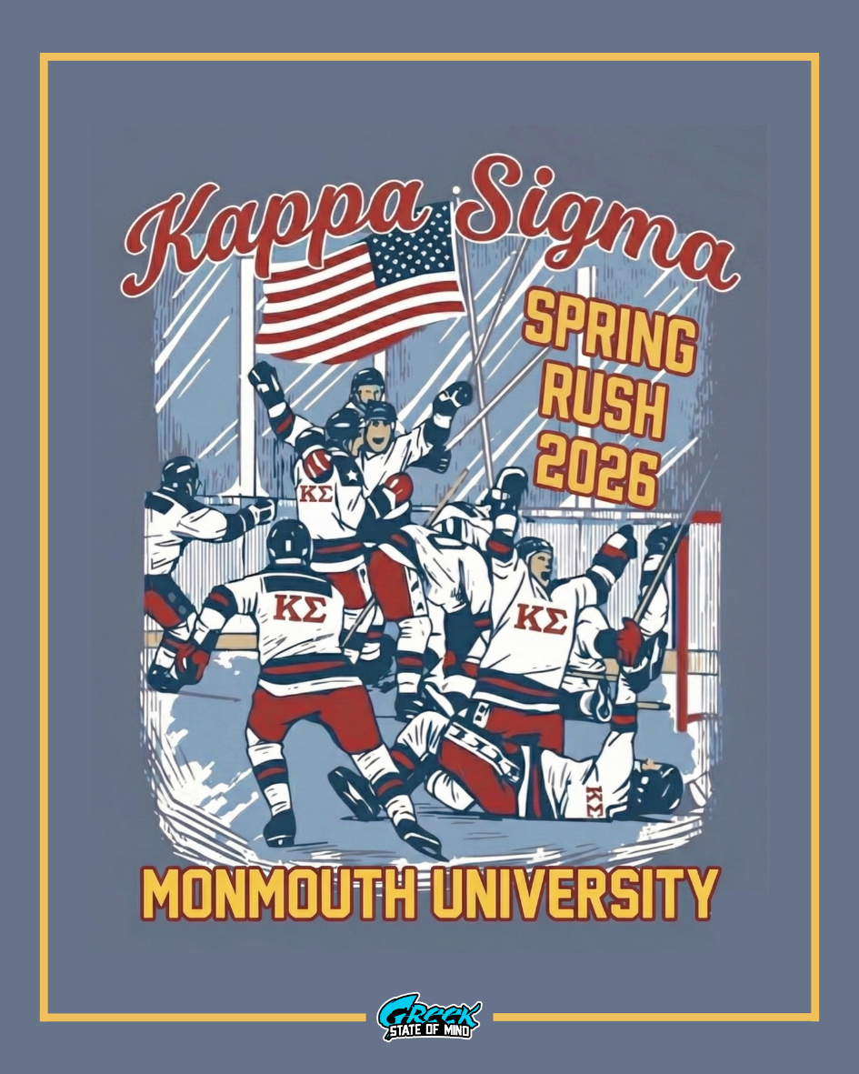 Promotional poster for Kappa Sigma Spring Rush 2026 at Monmouth University with hockey-themed design.