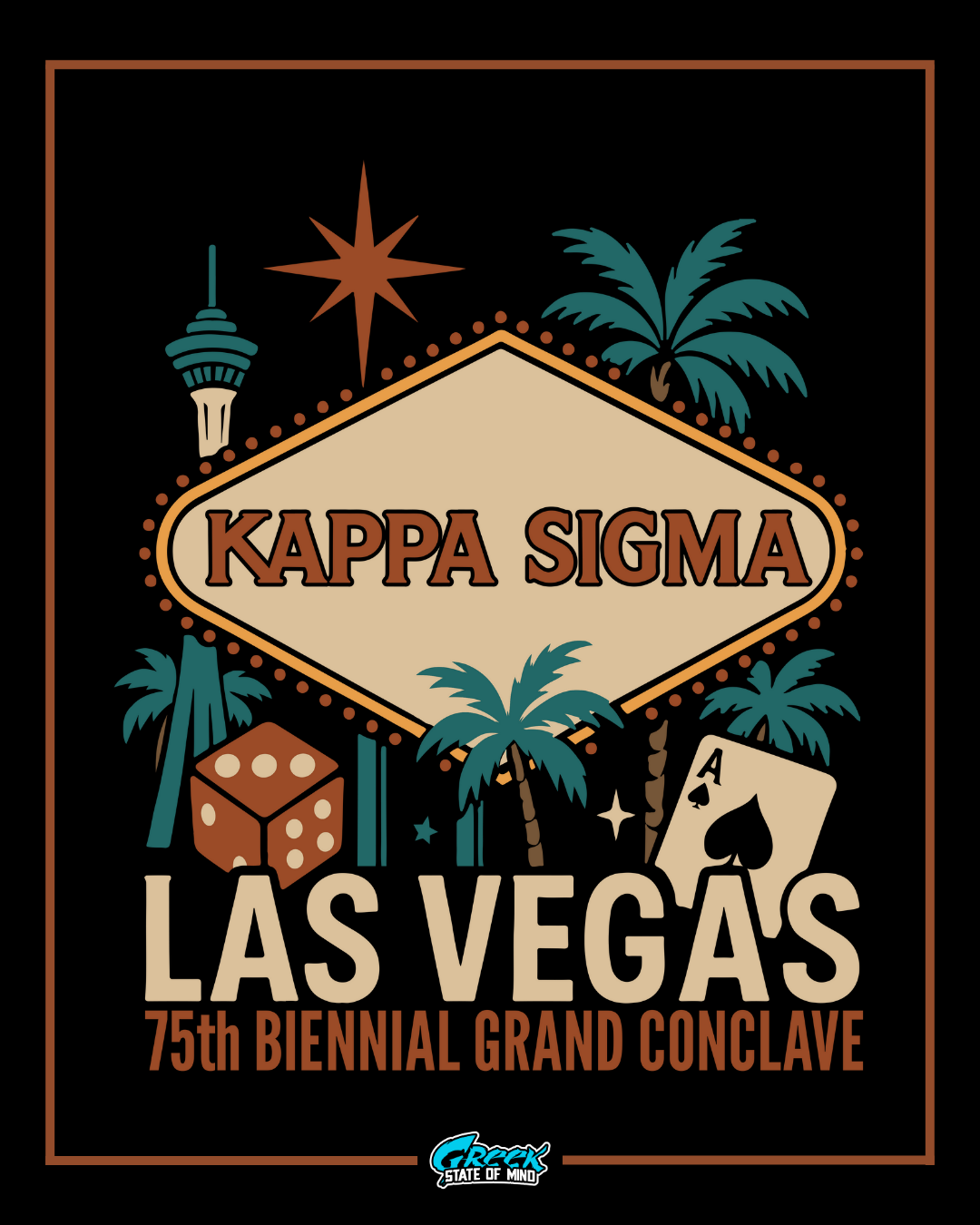 kappa sigma las vegas conclave shirt design featuring retro neon sign palm trees dice playing cards and vegas skyline elements