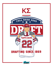 cartoon nfl draft style figure in suit and kappa sigma hat holding up a kappa sigma 22 jersey with draft text and fall rush 2025 badge.