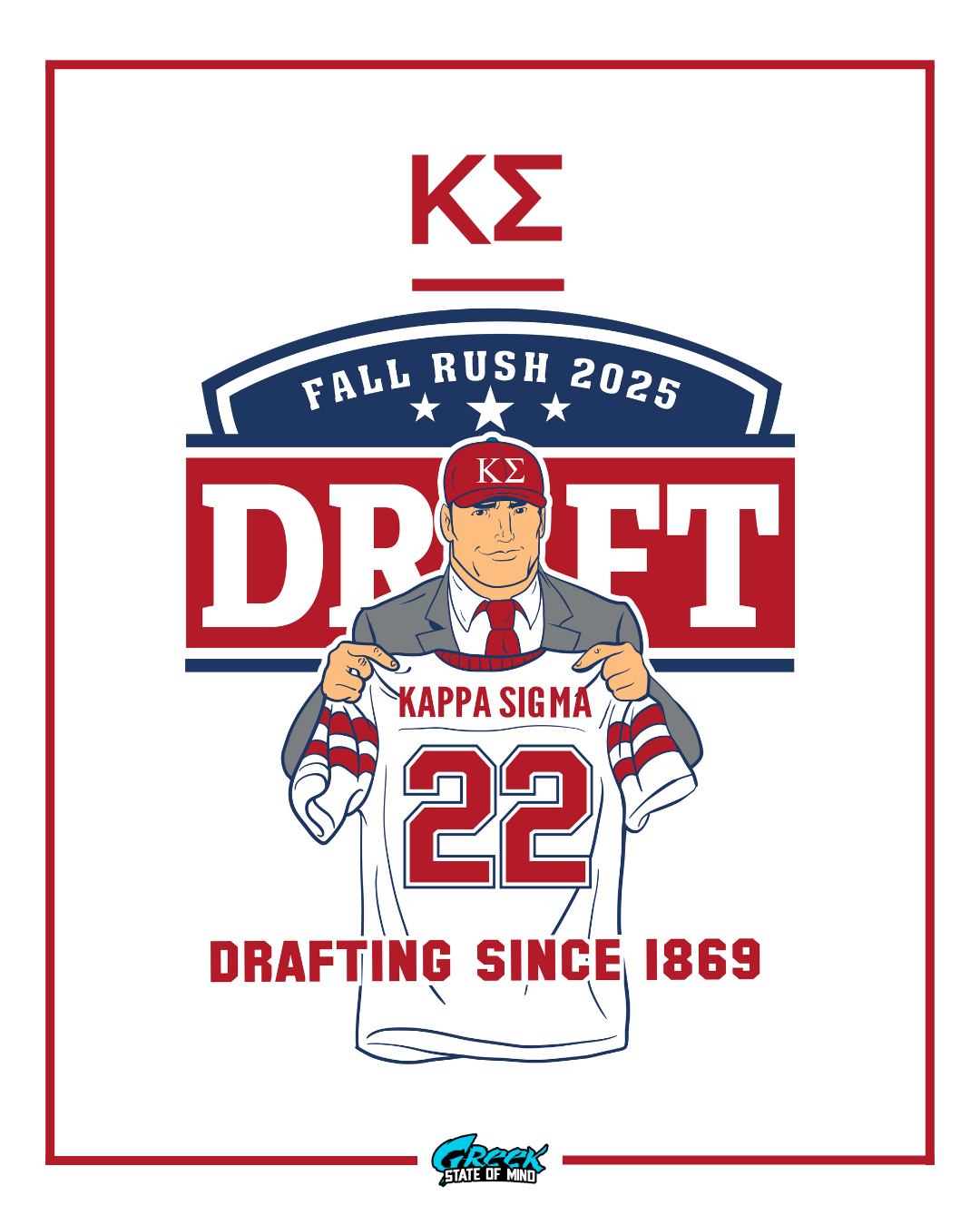 cartoon nfl draft style figure in suit and kappa sigma hat holding up a kappa sigma 22 jersey with draft text and fall rush 2025 badge.