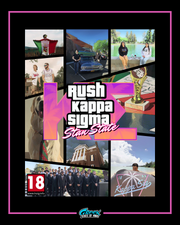 kappa sigma GTA rush design featuring a collage of stylized photos with a bold pink and purple central title graphic and multiple chapter images