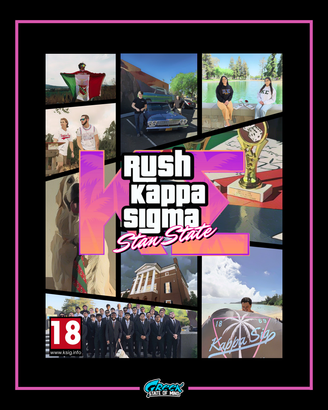 kappa sigma GTA rush design featuring a collage of stylized photos with a bold pink and purple central title graphic and multiple chapter images