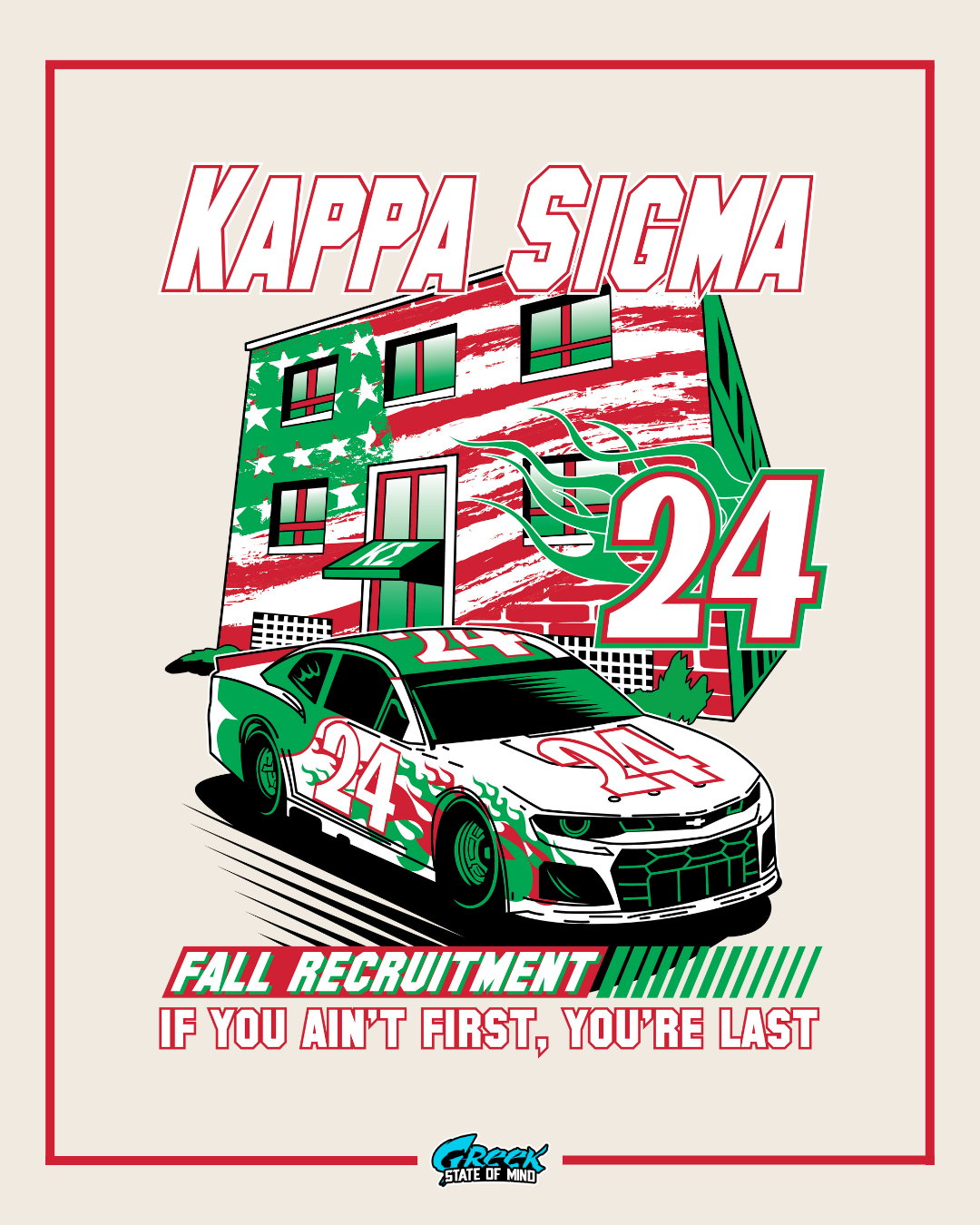 illustrated racecar with number 24 speeding in front of a kappa sigma fraternity house painted like an american flag with bold kappa sigma text above