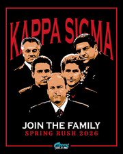  illustrated group of men in black suits with red accents standing under bold red kappa sigma text above the phrase join the family spring rush 2026.