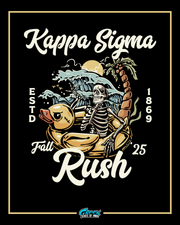 skeleton relaxing in a giant rubber duck float on waves with a palm tree and sunset behind under kappa sigma rush lettering.