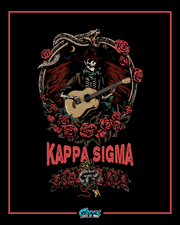 skeleton in a hat playing guitar surrounded by roses, wings, and a coiled snake with kappa sigma text below on a black background.