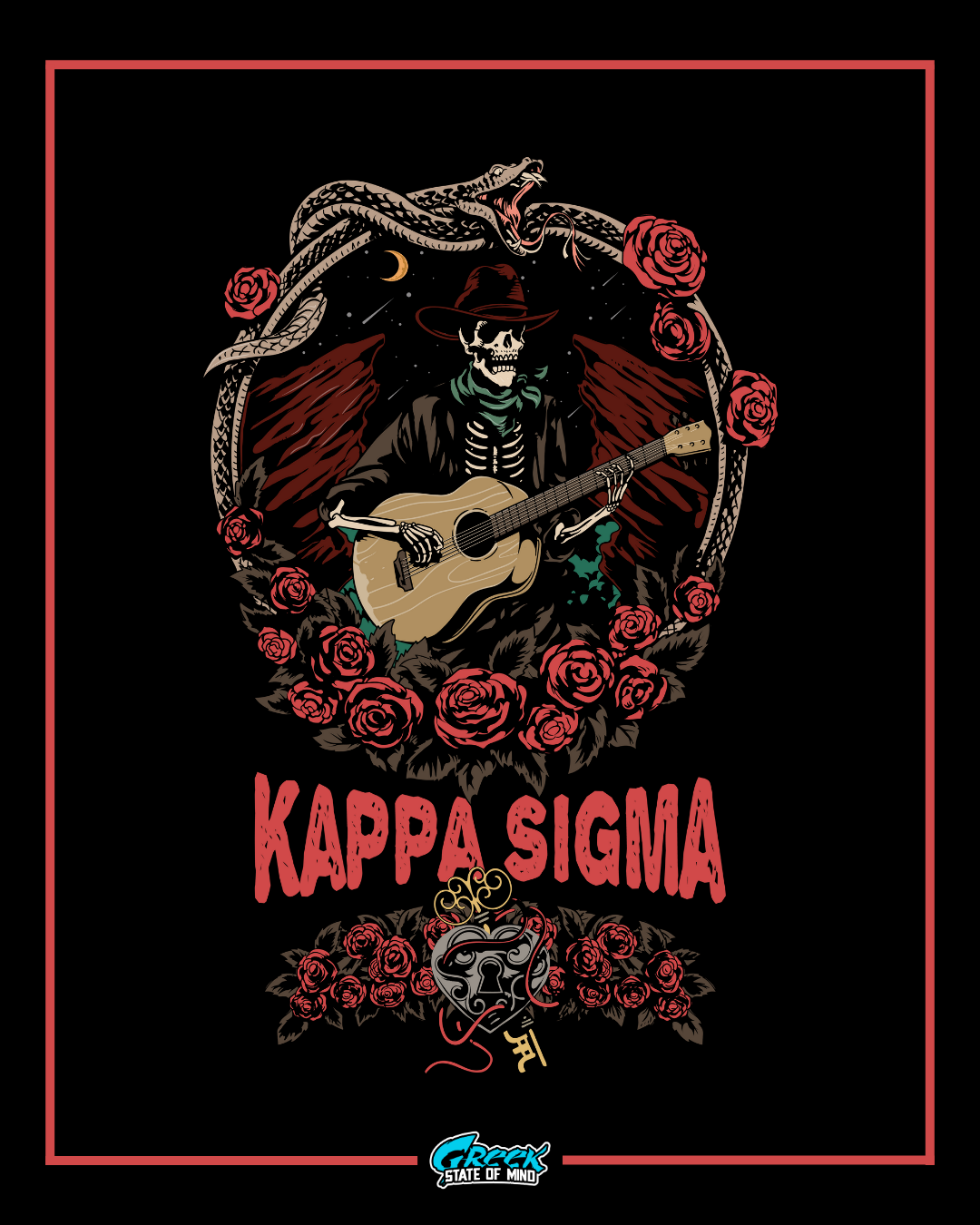 skeleton in a hat playing guitar surrounded by roses, wings, and a coiled snake with kappa sigma text below on a black background.