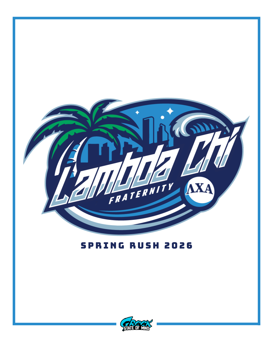 Logo for Lambda Chi Alpha fraternity with palm tree, cityscape, and AXA insurance logo on a blue background.