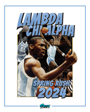 collage of basketball players in action behind bold lambda chi alpha text with rush wording below.
