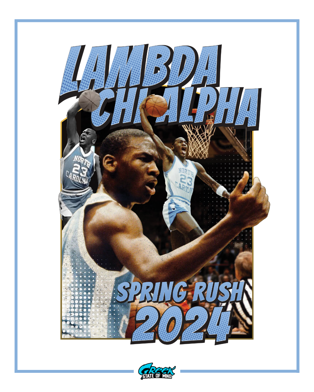 collage of basketball players in action behind bold lambda chi alpha text with rush wording below.