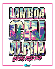 lambda chi alpha stacked block letters filled with pastel beach, palm trees, and plants with spring rush 2023 script below.
