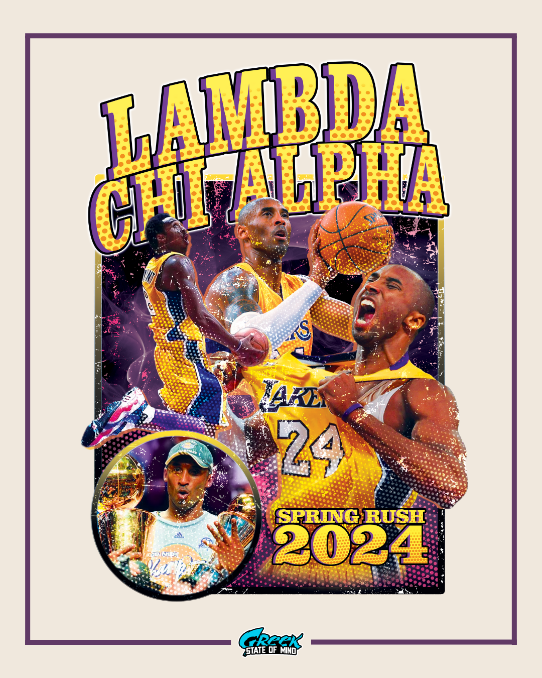 Promotional poster for Lambda Chi Alpha fraternity with basketball theme and text 'Spring Rush 2024'.