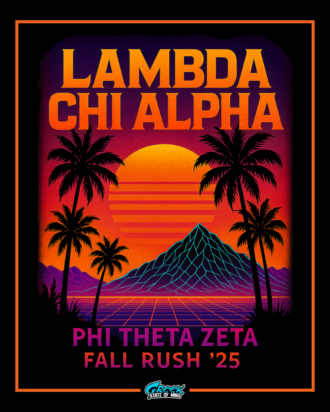 lambda chi alpha vaporwave rush design featuring neon sunset palm trees grid landscape and bold gradient lettering