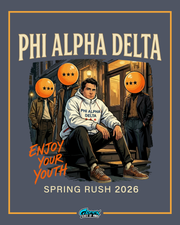 Promotional graphic for Phi Alpha Delta with a person sitting on steps and text about Spring Rush 2026.
