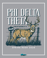 Phi Delta Theta fraternity poster with a deer illustration on a gray background