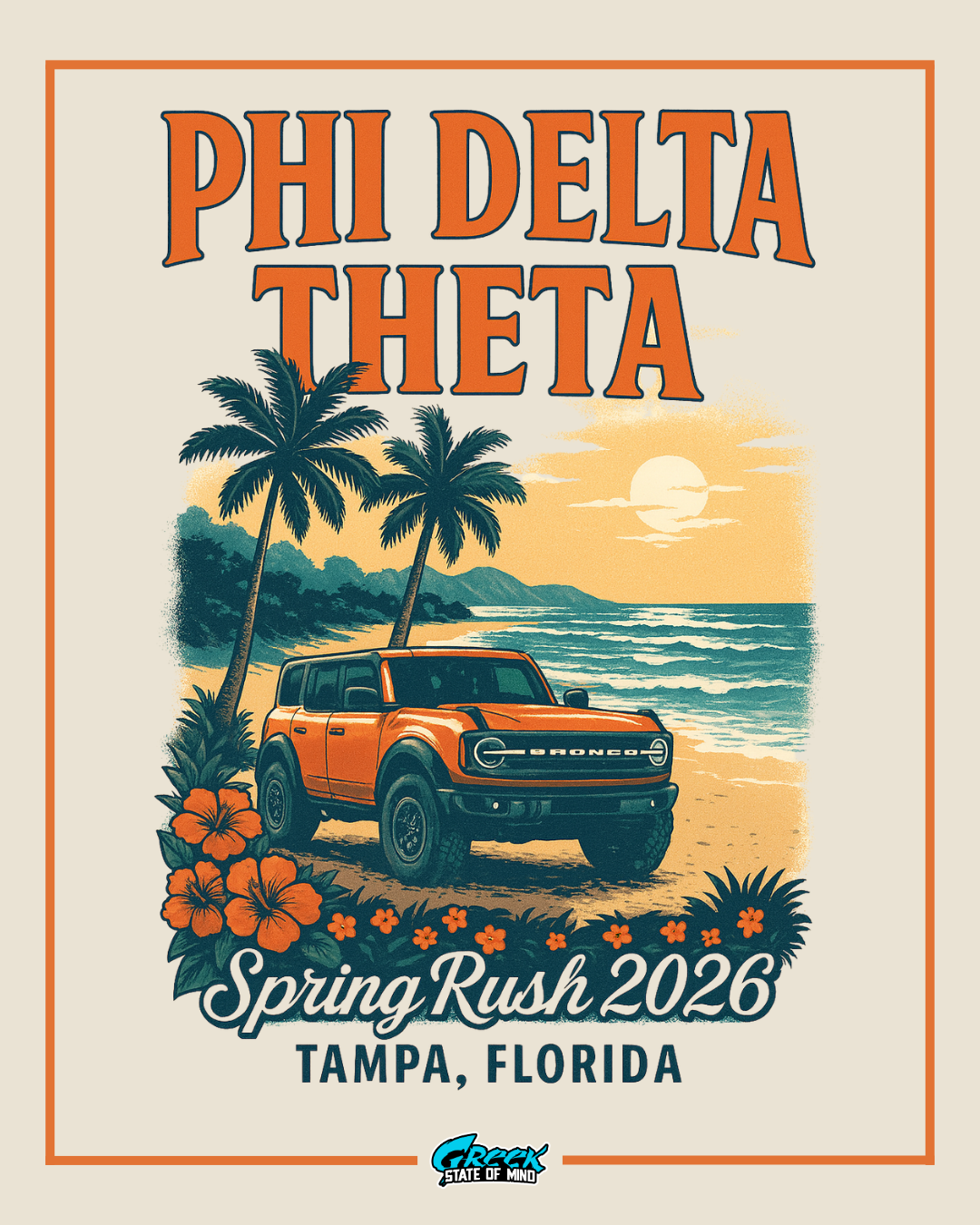 Promotional graphic for Phi Delta Theta Spring Rush 2026 in Tampa, Florida with an orange truck and beach scene.