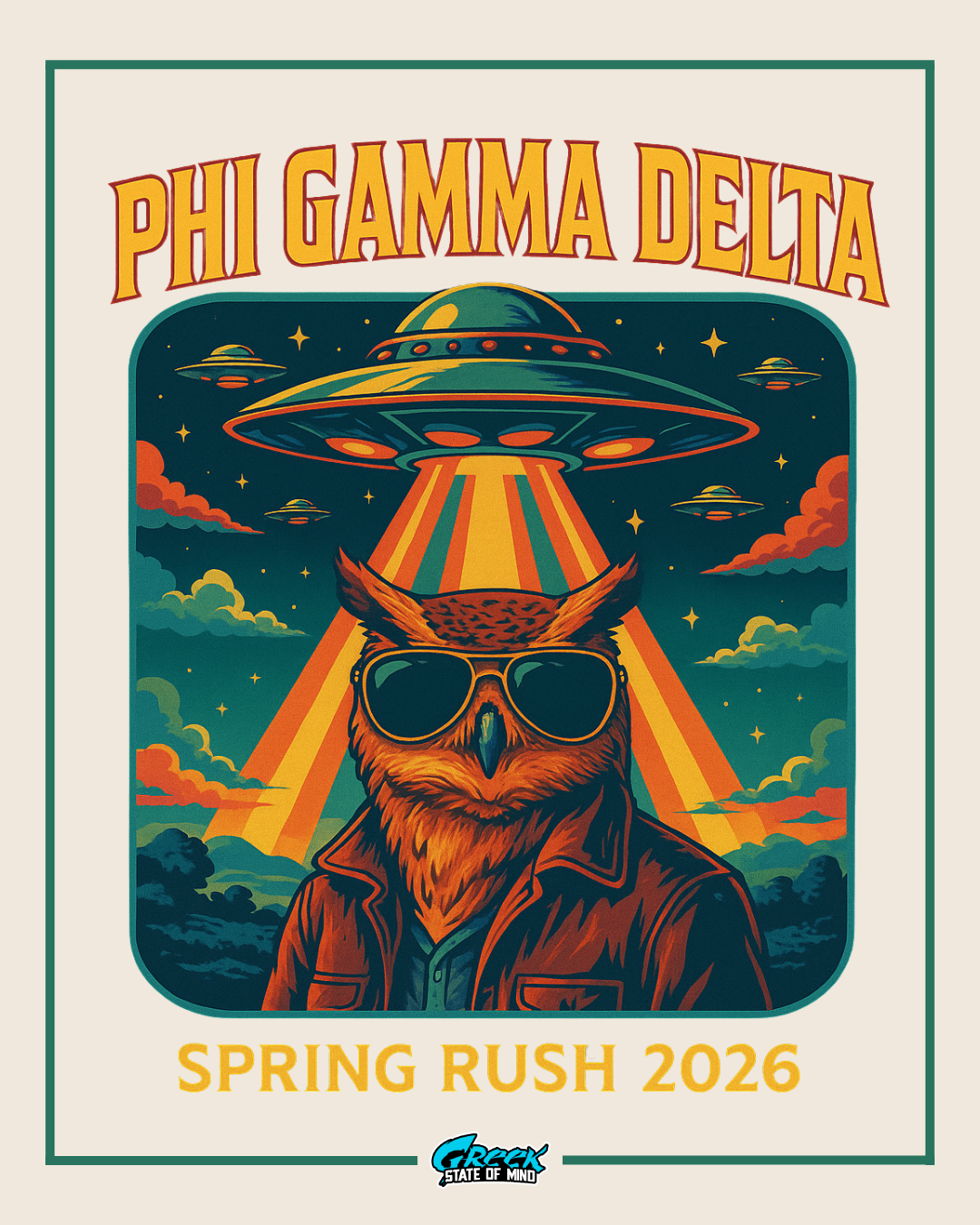phi gamma delta rush design featuring a cool owl in sunglasses under a large ufo beam with retro colors and flying saucers in the sky