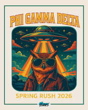 phi gamma delta rush design featuring a cool owl in sunglasses under a large ufo beam with retro colors and flying saucers in the sky