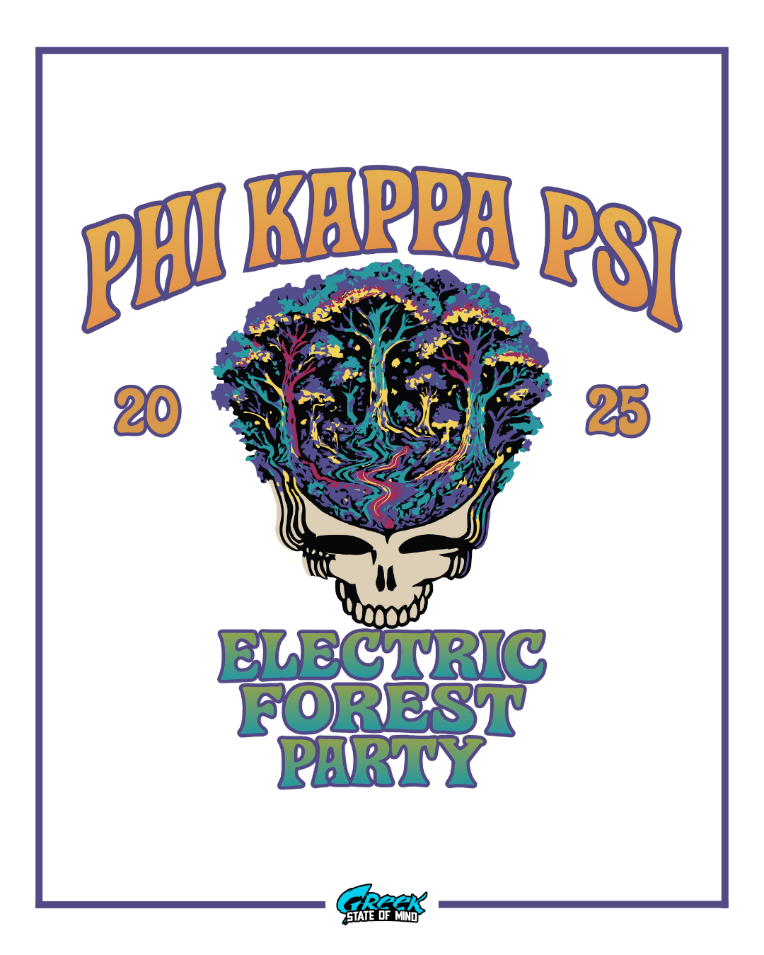 Phi Kappa Psi Electric Forest Party design with skull and trees, 2025 theme.