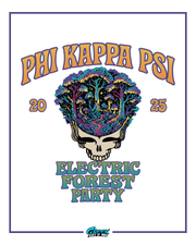 Phi Kappa Psi Electric Forest Party design with skull and trees, 2025 theme.