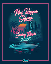 Promotional poster for Phi Kappa Sigma Spring Rush 2026 with neon text, palm trees, and a cityscape.