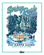 phi kappa sigma outdoor river tubing rush design with students floating on tubes surrounded by dense jungle trees and bright blue water