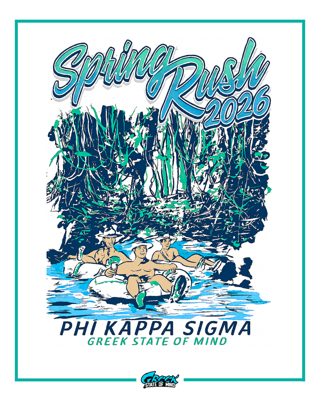 phi kappa sigma outdoor river tubing rush design with students floating on tubes surrounded by dense jungle trees and bright blue water