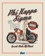 Vintage-style poster with a motorcycle and text, featuring a stylized illustration of a woman on a motorcycle.