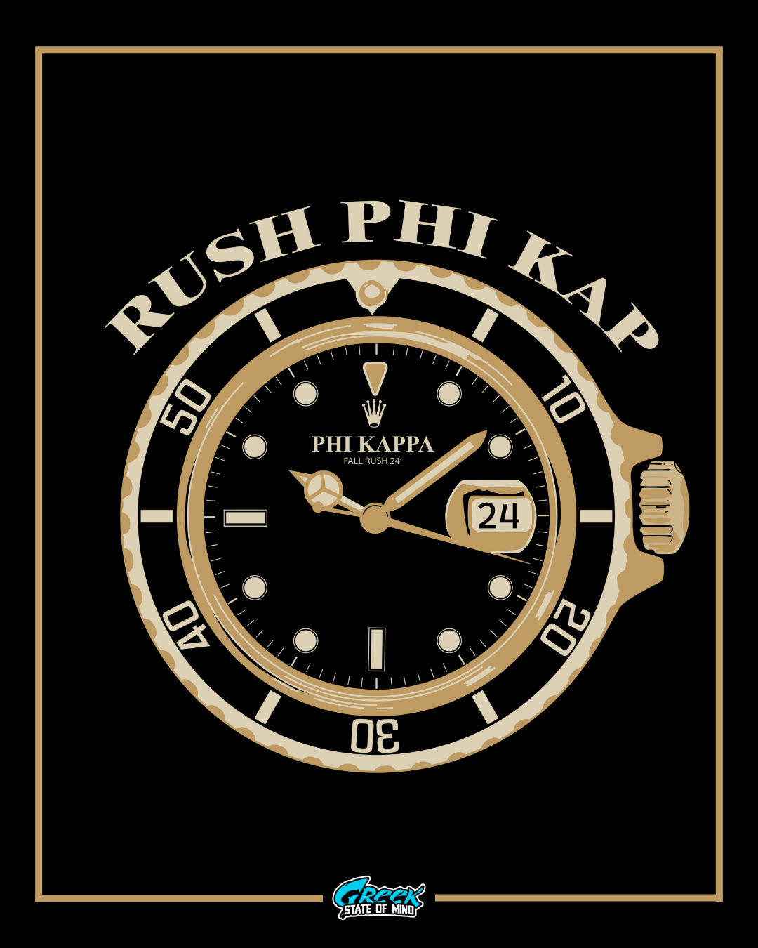 Gold and black watch design with 'Rush Phi Kap' text on a black background