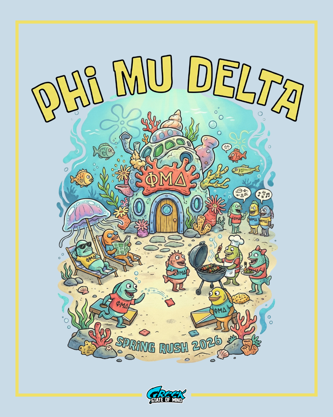 Colorful illustration of Phi Mu Delta with underwater theme and characters around a house.