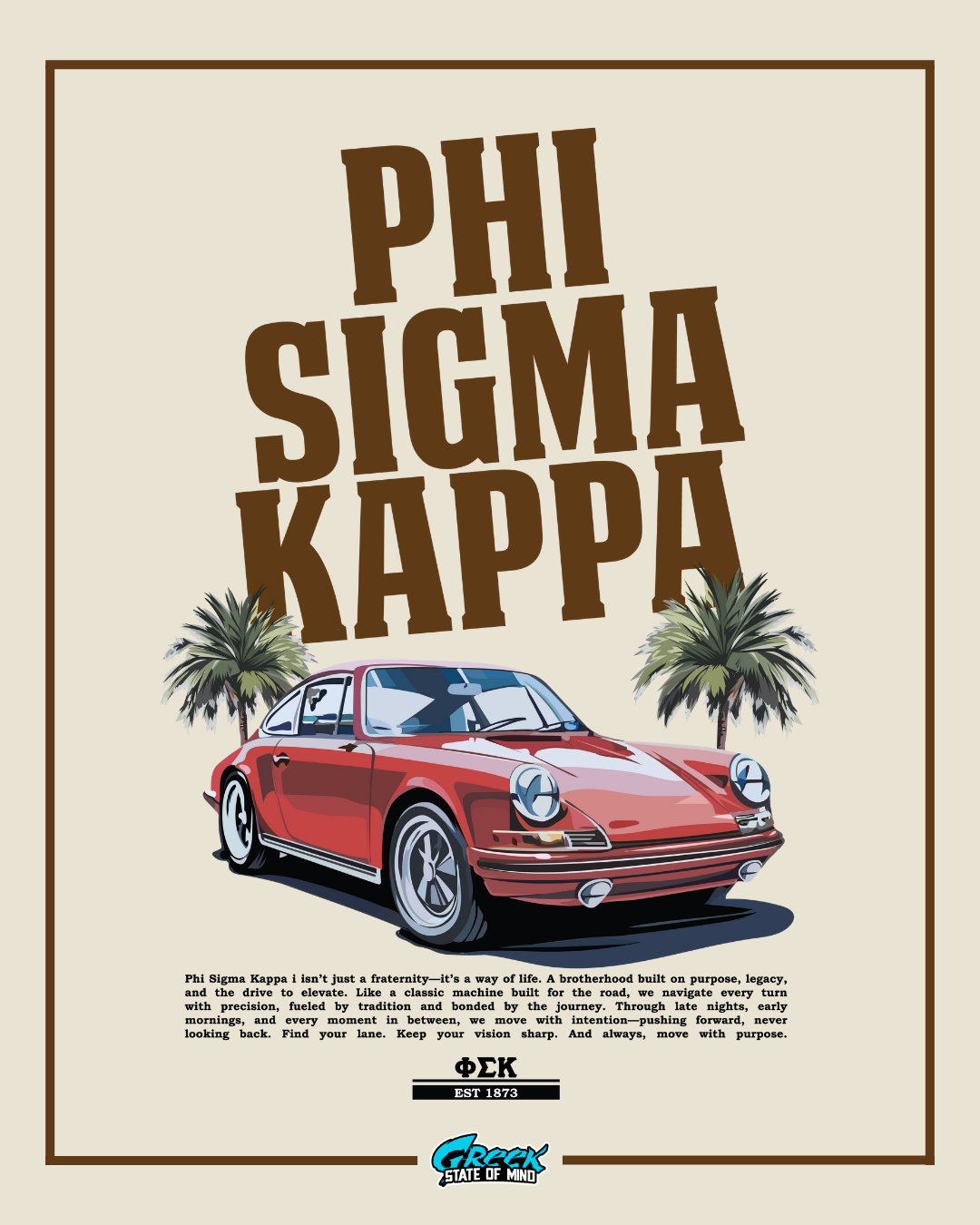 phi sigma kappa design featuring a red vintage sports car with palm trees and bold fraternity lettering in a clean beige layout