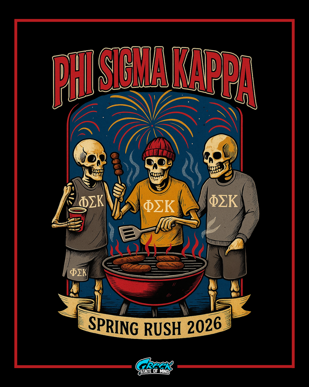 Phi Sigma Kappa skeleton-themed rush design featuring three skeletons grilling at a BBQ with fireworks in the background.