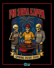 Phi Sigma Kappa skeleton-themed rush design featuring three skeletons grilling at a BBQ with fireworks in the background.