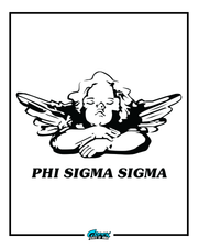 black-and-white line art illustration of a resting angel with wings above phi sigma sigma text inside a thin rectangular border.