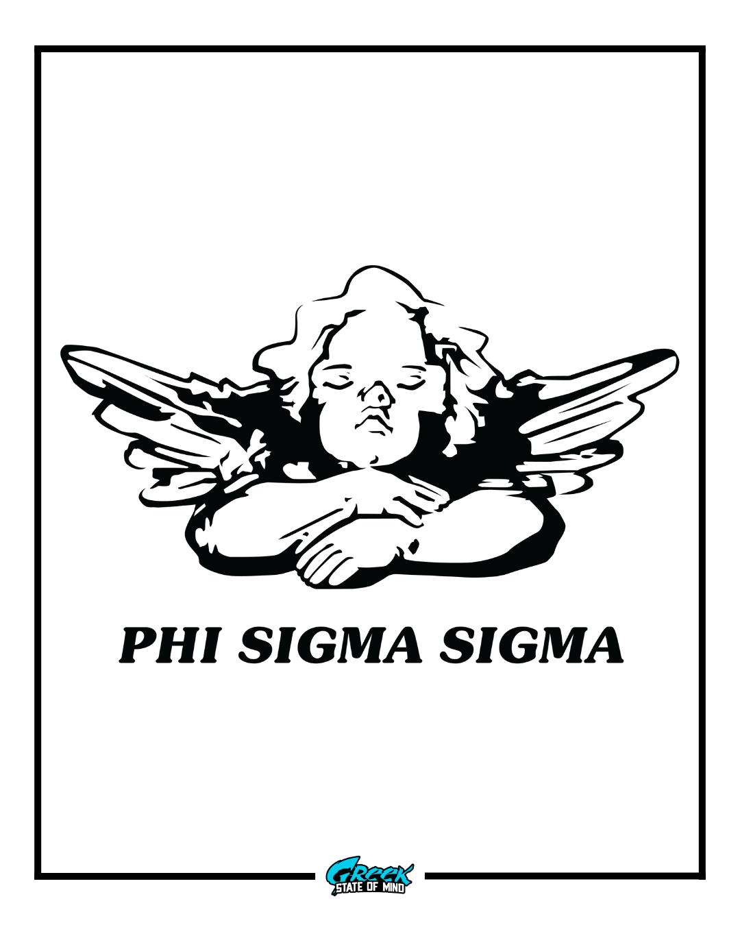 black-and-white line art illustration of a resting angel with wings above phi sigma sigma text inside a thin rectangular border.