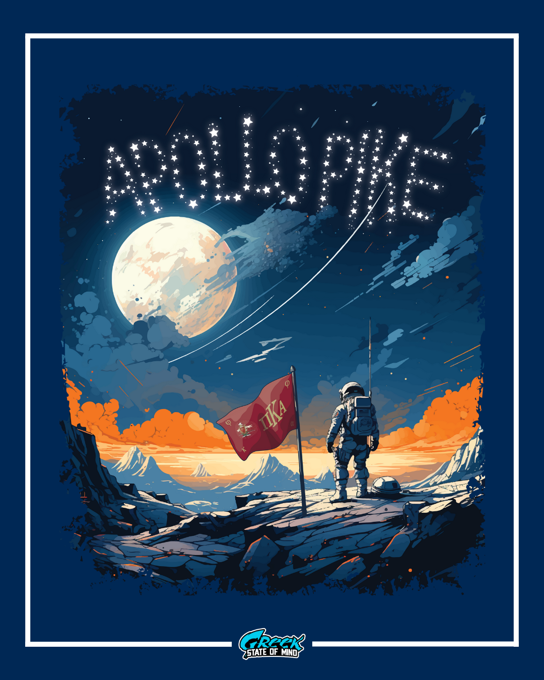 pi kappa alpha astronaut artwork featuring a pike flag on an alien landscape with a glowing moon and apollo pike written in stars across the sky