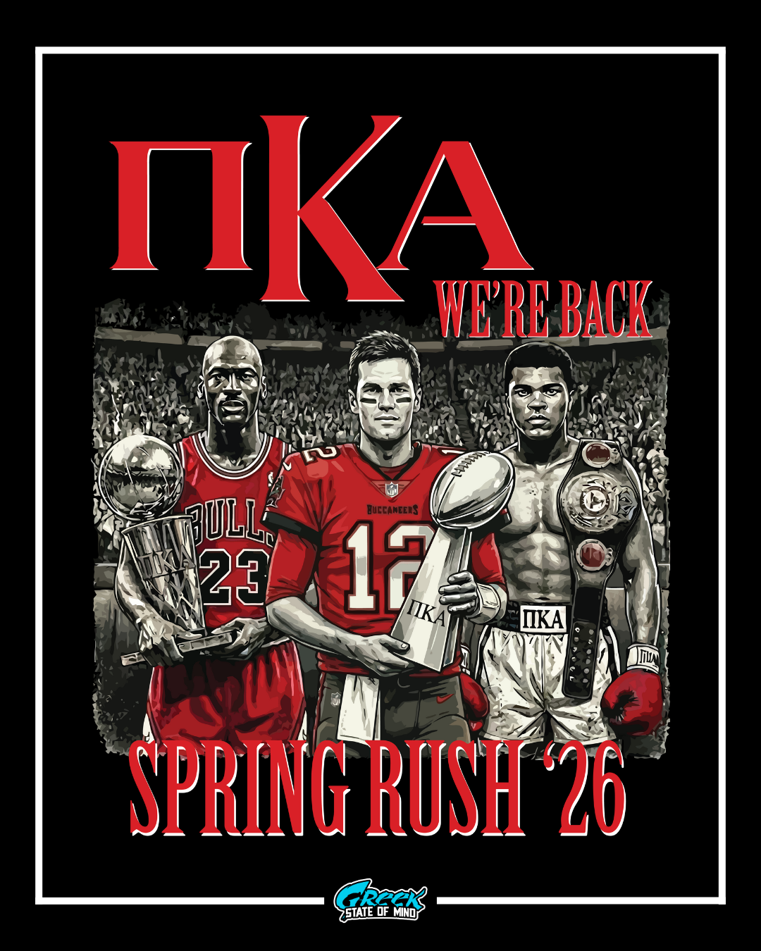 three legendary athletes holding trophies in a stadium with bold pi kappa alpha text and we’re back spring rush 26 headline.