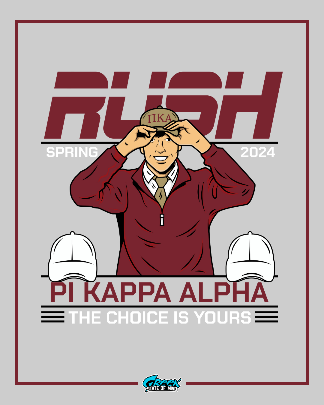 illustrated man in a quarter zip placing a pi kappa alpha hat on his head with two blank hats beside him under bold rush and pi kappa alpha text.